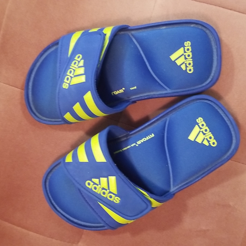 Adidas squishy sole slides blue/neon green, Sz 1